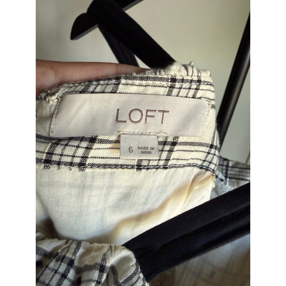 LOFT Plaid Cotton Midi Dress Size 6 Cream Black Tiered Prairie Cottagecore - Picture 3 of 4